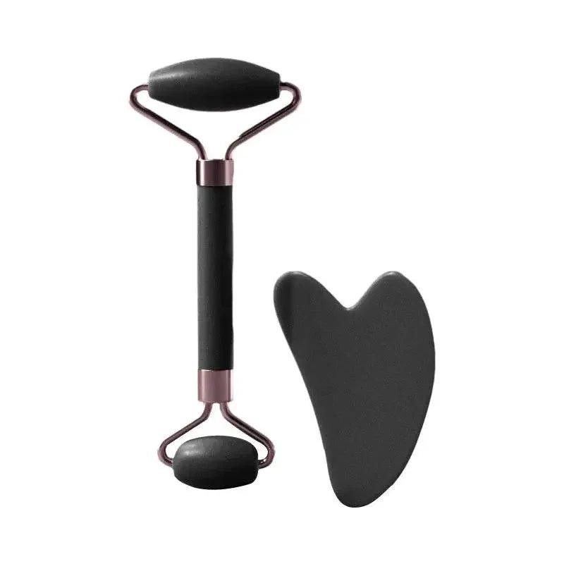 Black facial roller and gua sha tool for skincare and beauty routines
