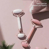 Pink and white jade facial rollers for skincare, safe materials, beauty tools