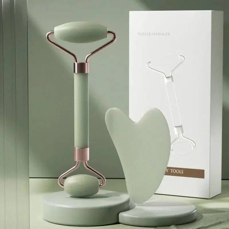 Green jade face roller and gua sha tool set for facial massage and skincare routine