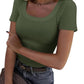 Olive green ribbed women's scoop neck t-shirt with short sleeves, paired with jeans and a belt