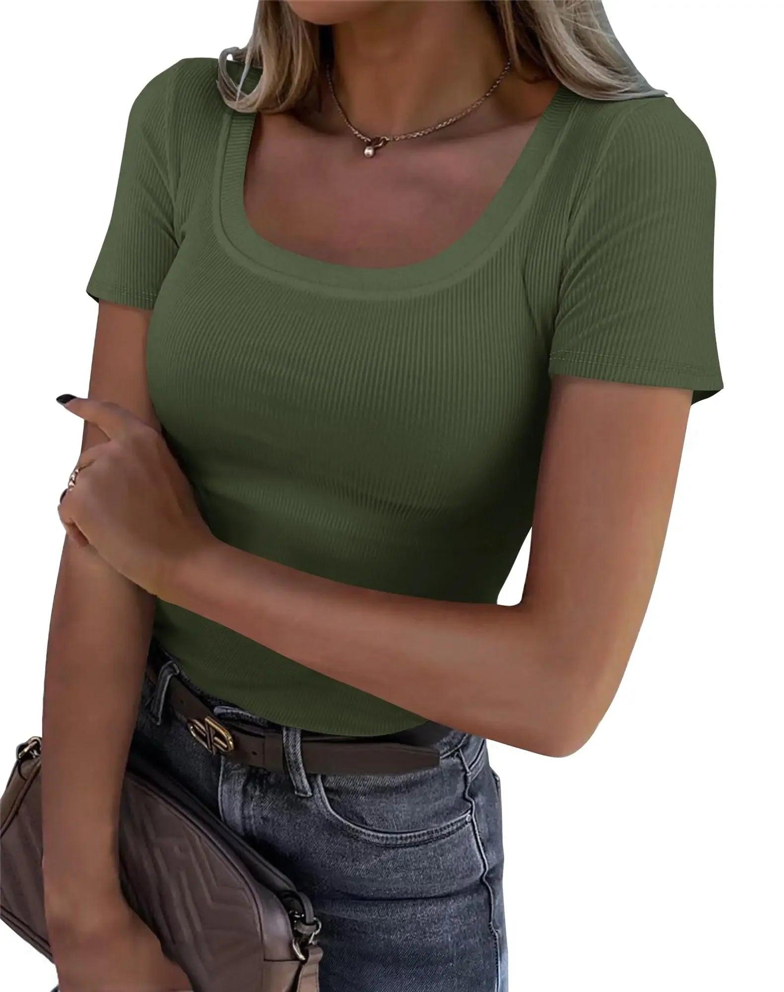 Olive green ribbed women's scoop neck t-shirt with short sleeves, paired with jeans and a belt