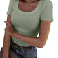 Sage green ribbed women's crop top with square neckline, paired with jeans and belt for casual fashion