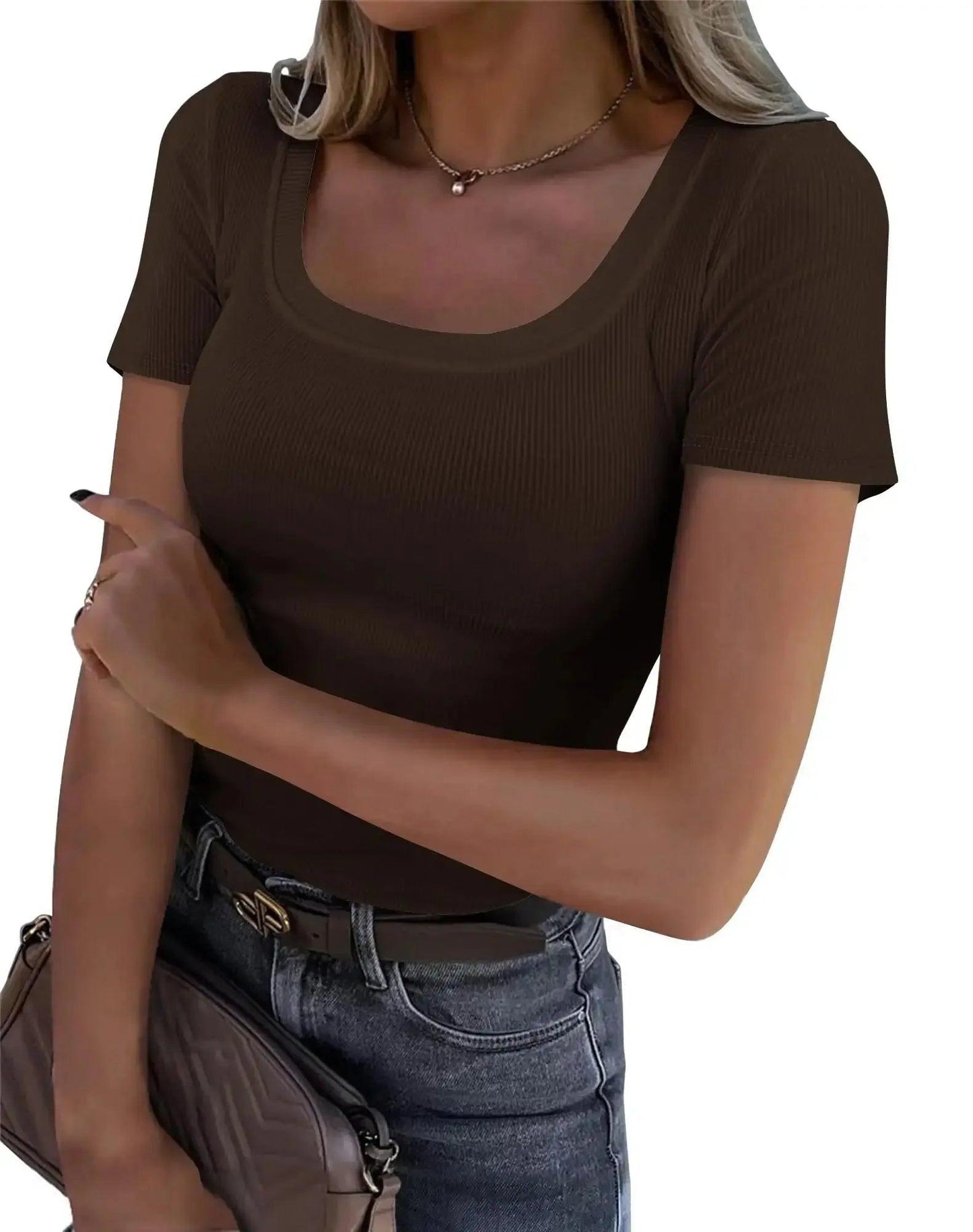 Brown ribbed square neck women's fashion top with short sleeves, paired with jeans and belt