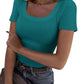 Teal ribbed women's scoop neck t-shirt with short sleeves, paired with jeans and a belt, stylish casual fashion top