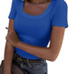 Blue ribbed women's scoop neck t-shirt with short sleeves, paired with jeans and a belt for casual fashion