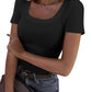 Black ribbed square neck women's fashion top with short sleeves, paired with jeans and a belt