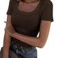 Brown ribbed square neck women's fashion top with short sleeves, styled with jeans and necklace