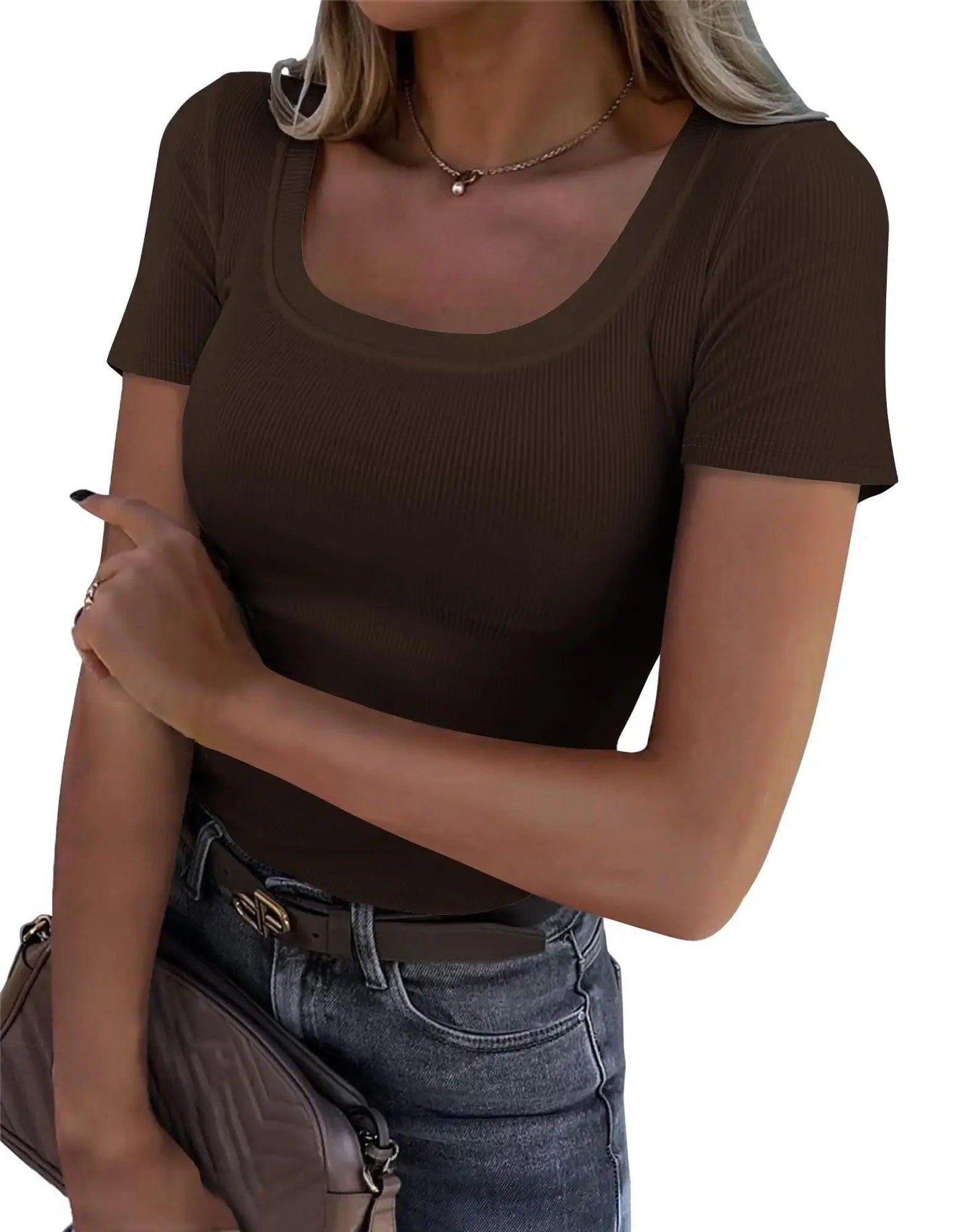 Brown ribbed square neck women's fashion top with short sleeves, styled with jeans and necklace