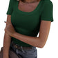 Woman wearing green ribbed square neck short sleeve top with jeans, stylish fashion outfit