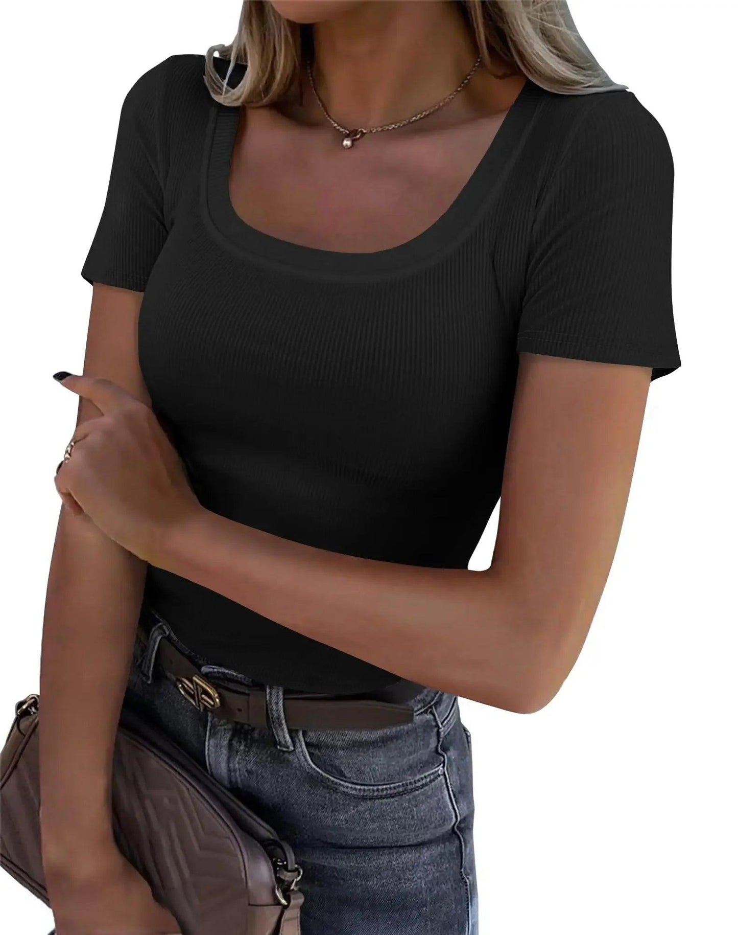 Black ribbed square neck short sleeve top for women, paired with jeans and a belt, stylish casual fashion