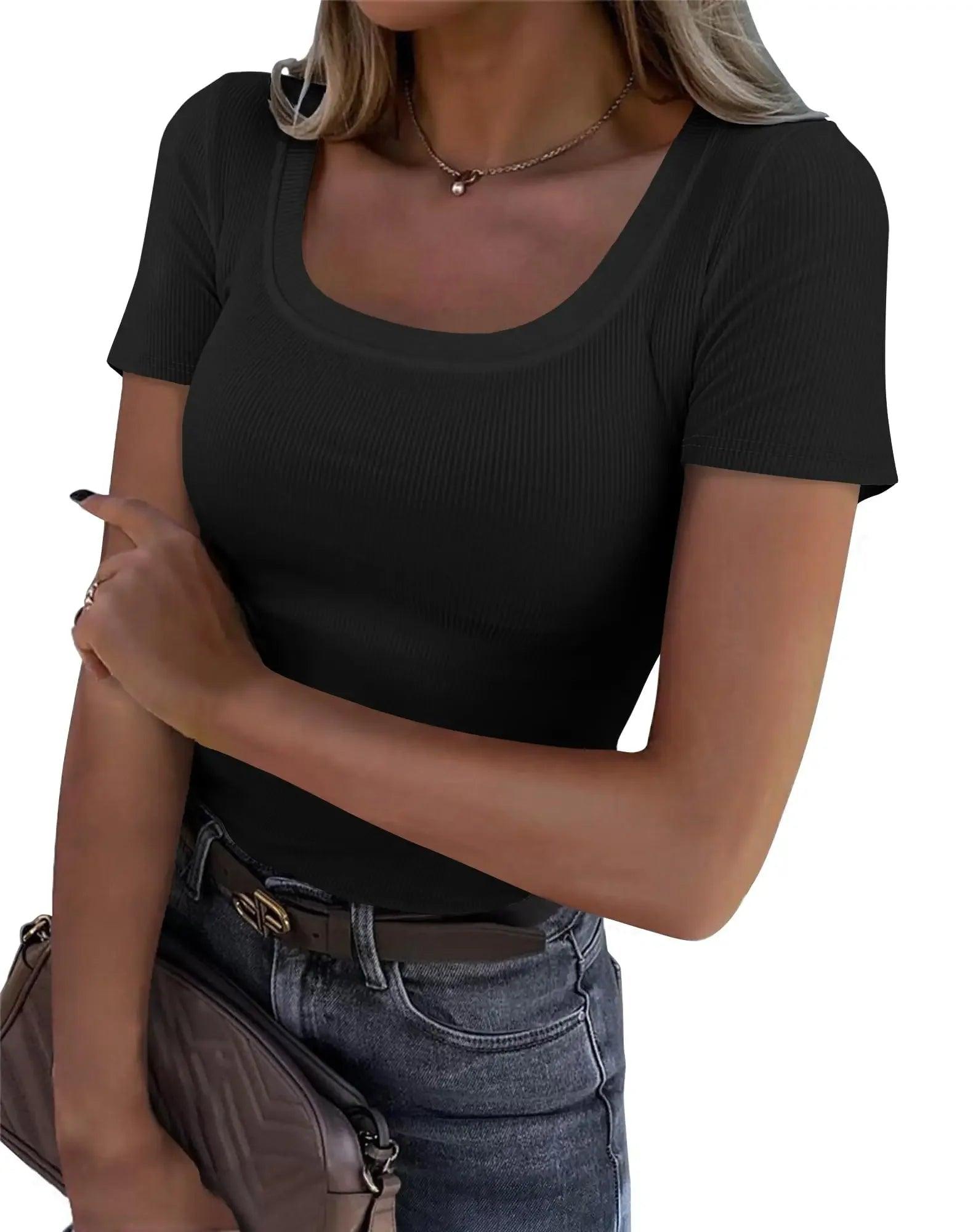 Black ribbed square neck short sleeve top for women, paired with jeans and a belt, stylish casual fashion