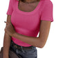 Pink ribbed square neck women's fashion top with short sleeves, paired with jeans and belt