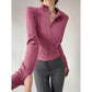 Pink zip-up athletic jacket with gray leggings for women's fashion