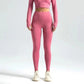 Pink high-waisted leggings with matching long sleeve crop top, women's fashion activewear set