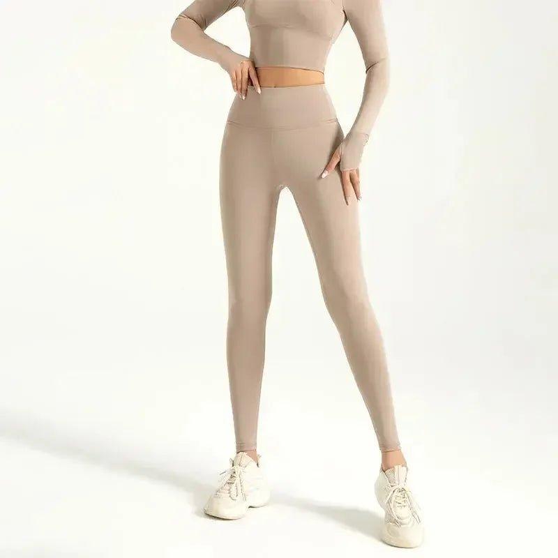 Beige high-waist leggings with long sleeve crop top, women's fashion activewear set