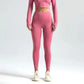 Pink high-waisted leggings with matching long sleeve crop top, women's fashion activewear set