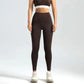 Brown high-waisted leggings with matching sports bra, ideal for women's fashion and fitness wear.