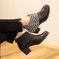 Black ankle boots with geometric knit panel, block heel, and side zipper for women's fashion
