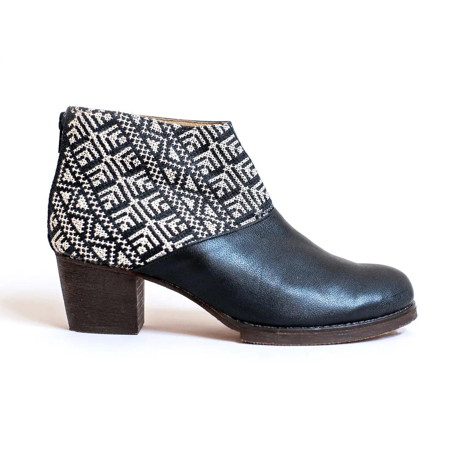 Black ankle boot with geometric knit pattern, block heel, women's fashion footwear