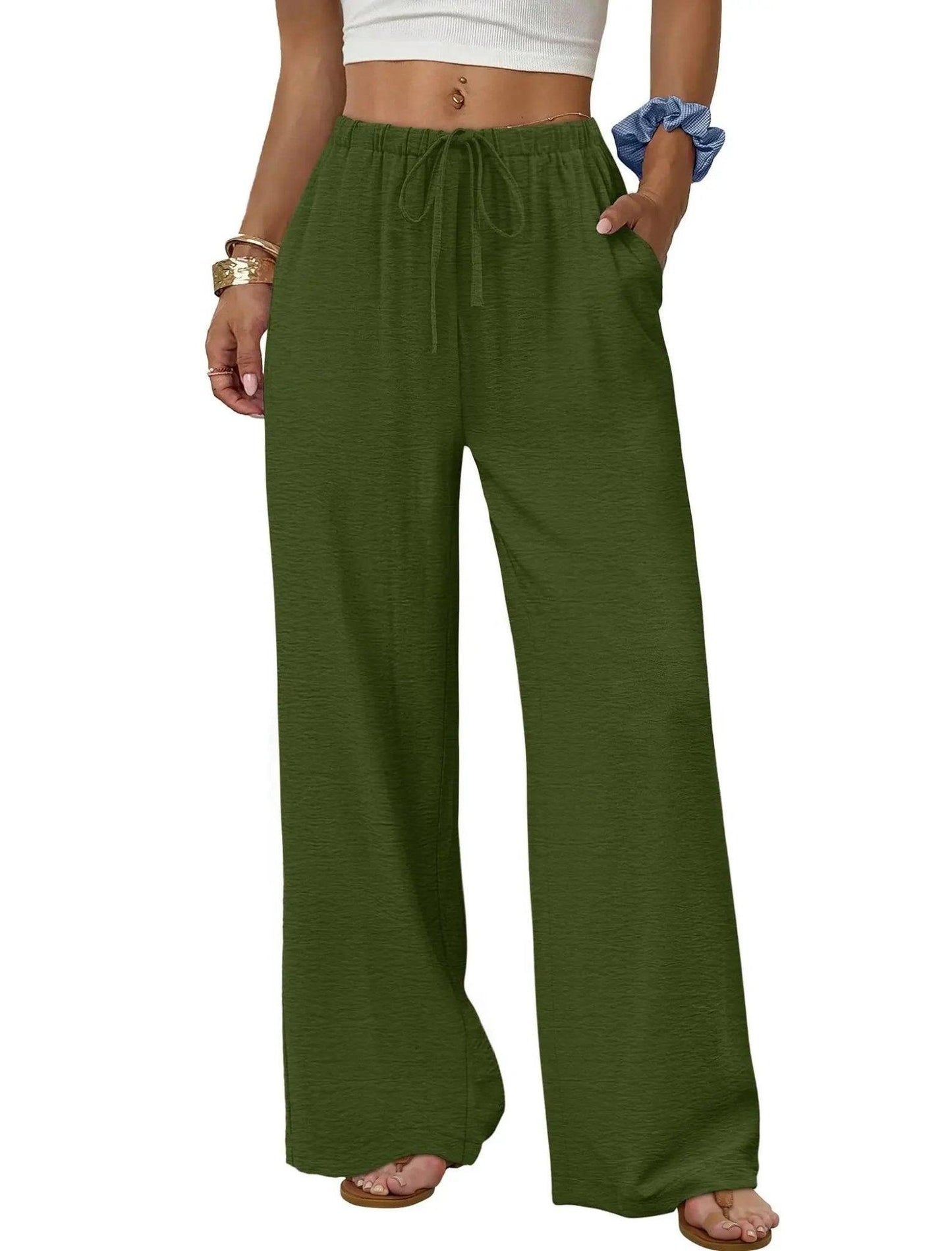 Olive green wide-leg drawstring pants for women, casual fashion style with pockets