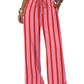 Pink and red striped wide-leg women's pants with drawstring waist, casual fashion style