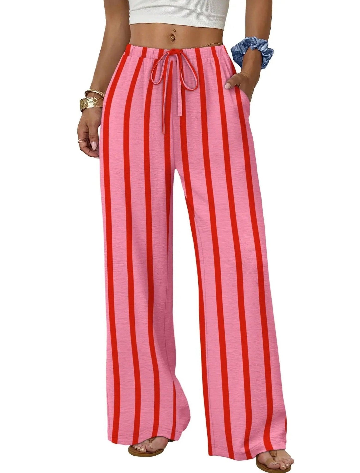 Pink and red striped wide-leg women's pants with drawstring waist, casual fashion style