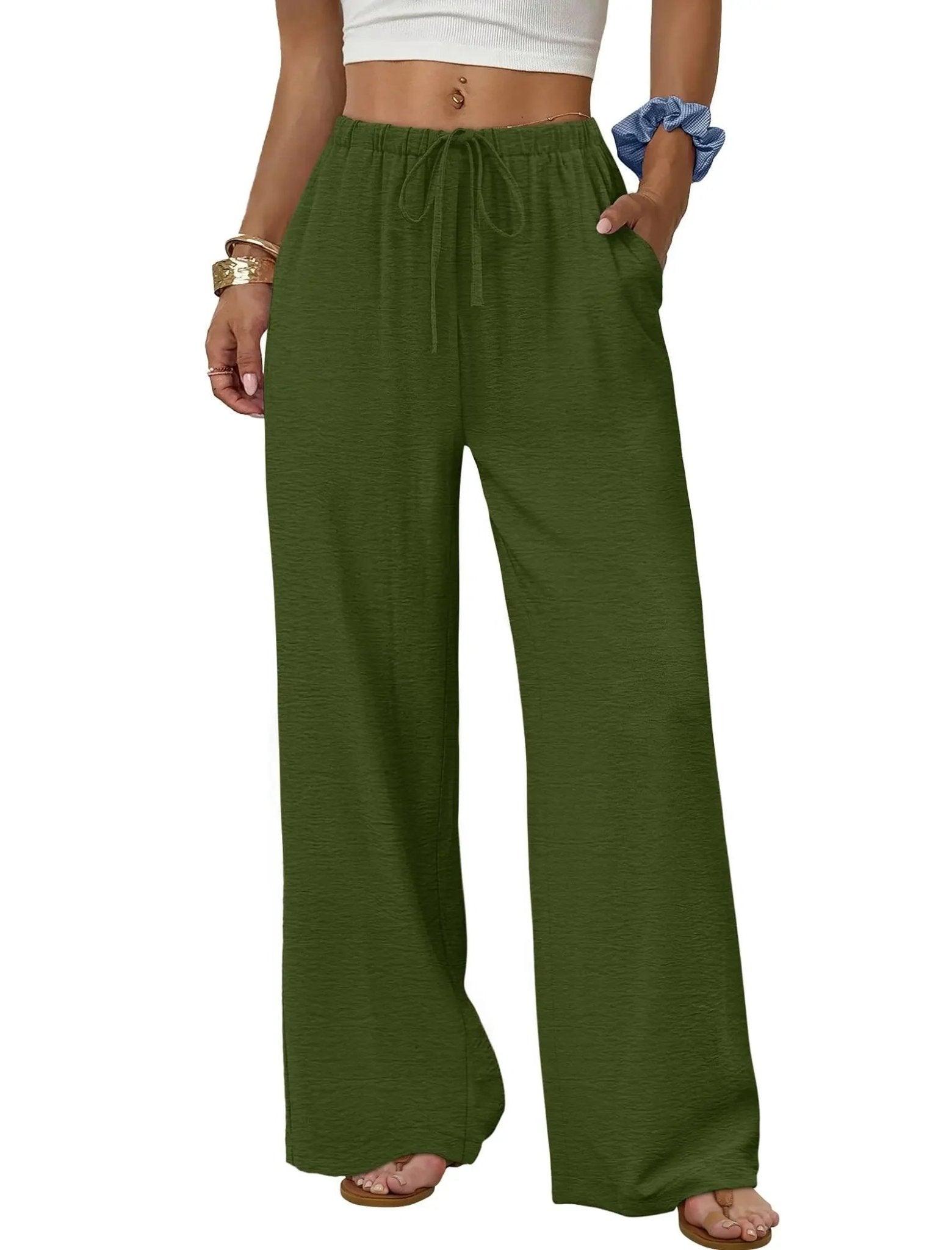 Olive green wide-leg drawstring pants for women, casual fashion