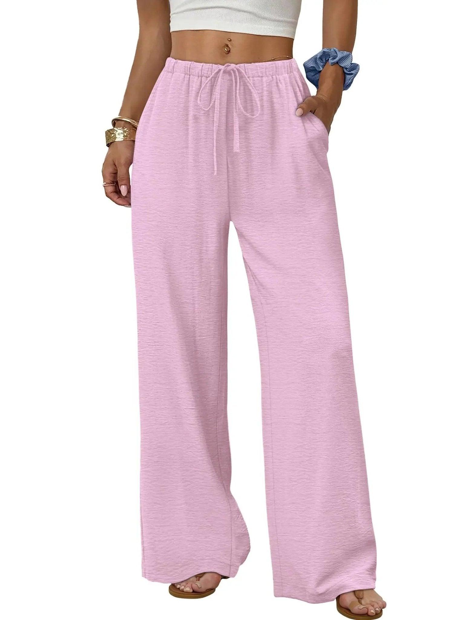 Pink wide-leg drawstring pants for women, casual fashion, comfy lounge wear with pockets