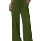 Olive green wide-leg drawstring pants for women, casual fashion wear with pockets and elastic waist