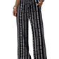Black and white geometric print wide-leg women's pants with drawstring waist, perfect for casual fashion.