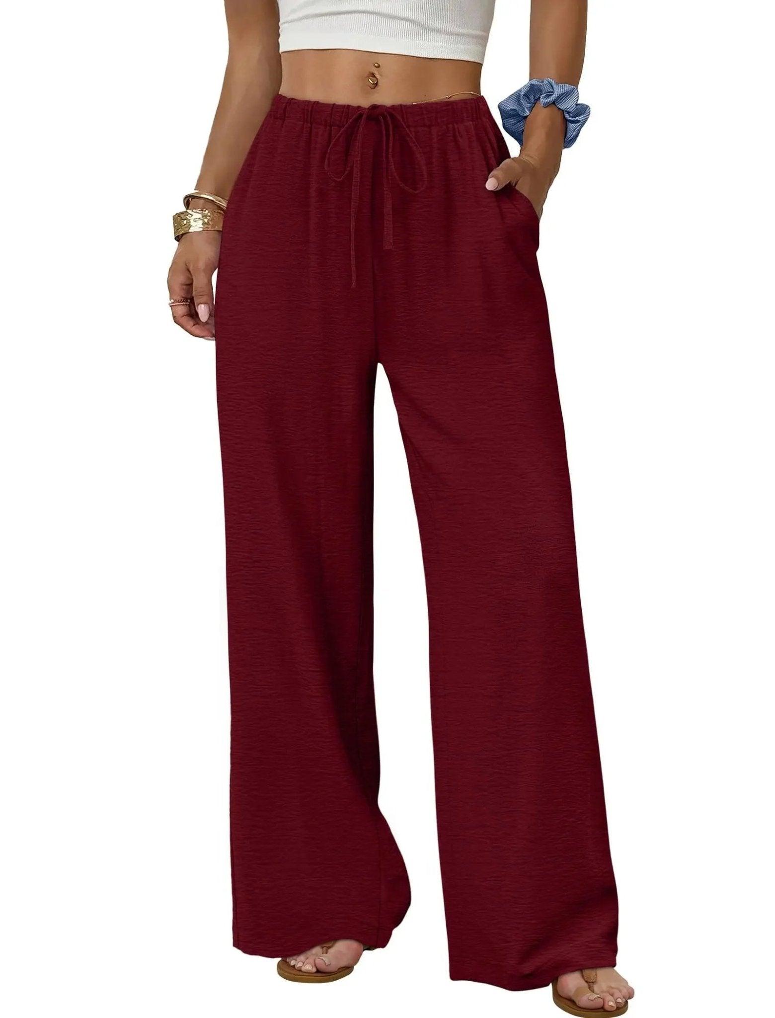 Women's burgundy wide-leg drawstring pants, casual fashion, comfy lounge wear with pockets