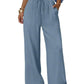 Women's light blue wide-leg drawstring pants, casual fashion wear with pockets and elastic waist