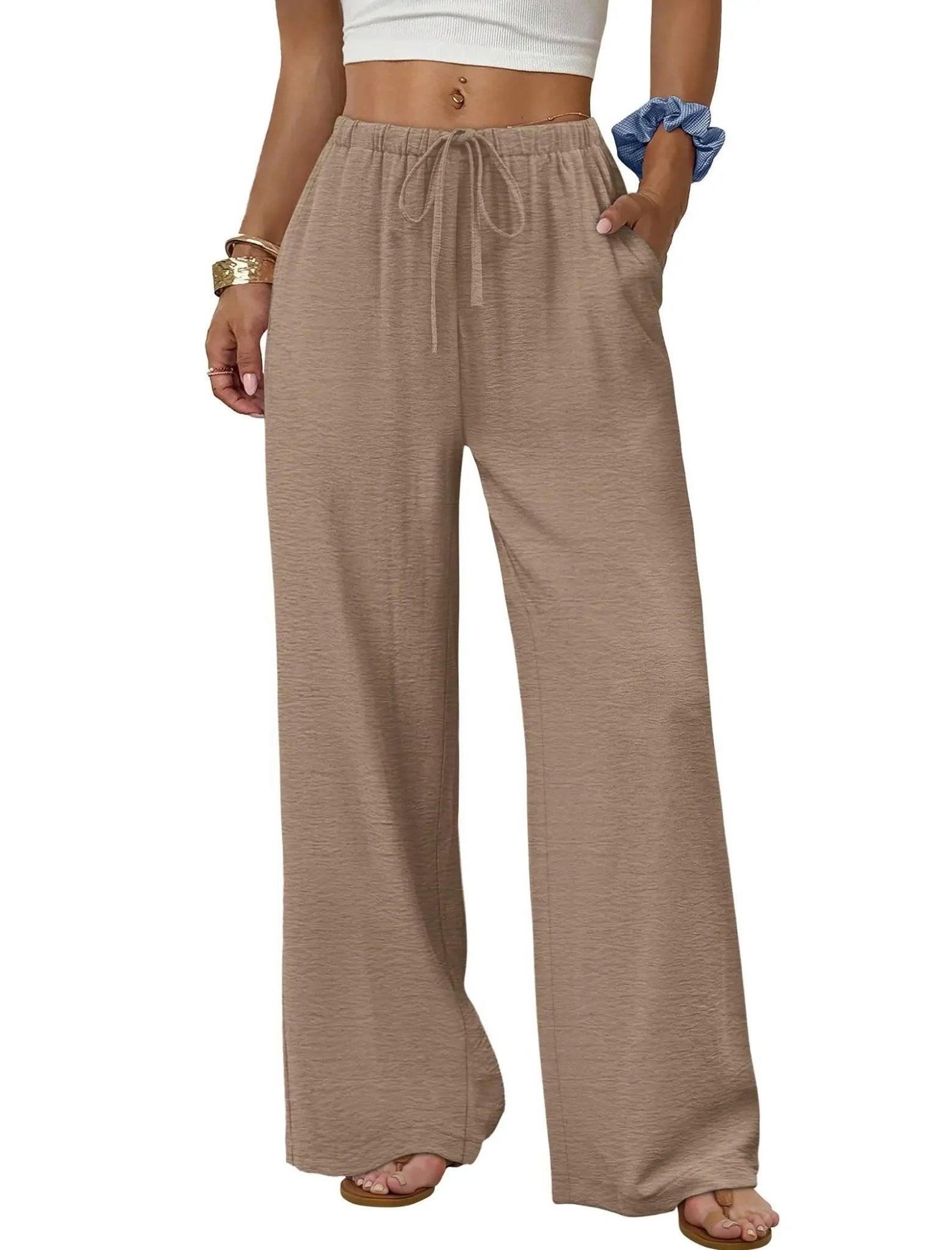 Beige wide-leg drawstring pants for women, casual fashion, comfortable fit with pockets