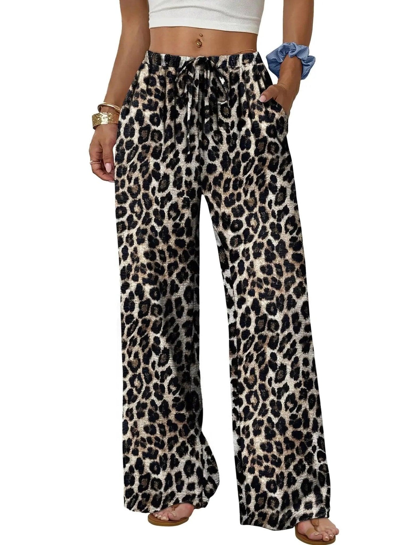 Leopard print wide-leg pants for women, casual fashion with drawstring waist and pockets