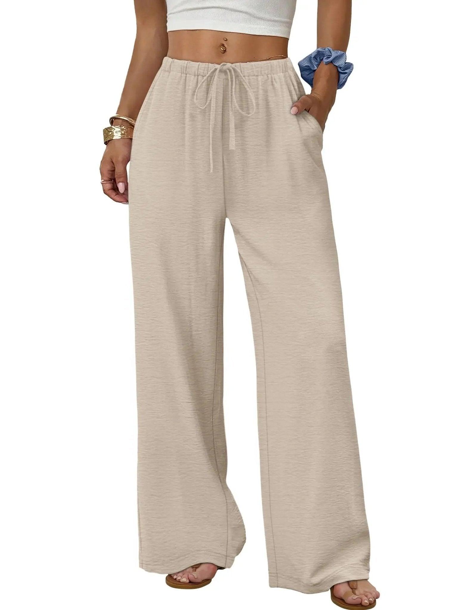 Beige wide-leg drawstring pants for women, casual fashion style with pockets and relaxed fit