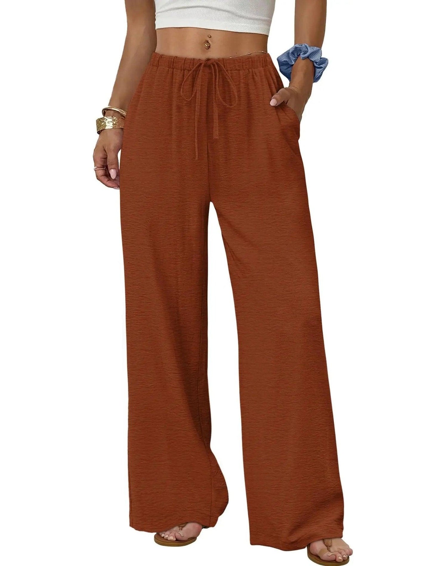Rust wide-leg drawstring pants for women, casual fashion with elastic waist and pockets