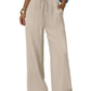 Beige wide-leg drawstring pants for women, casual fashion with pockets and relaxed fit
