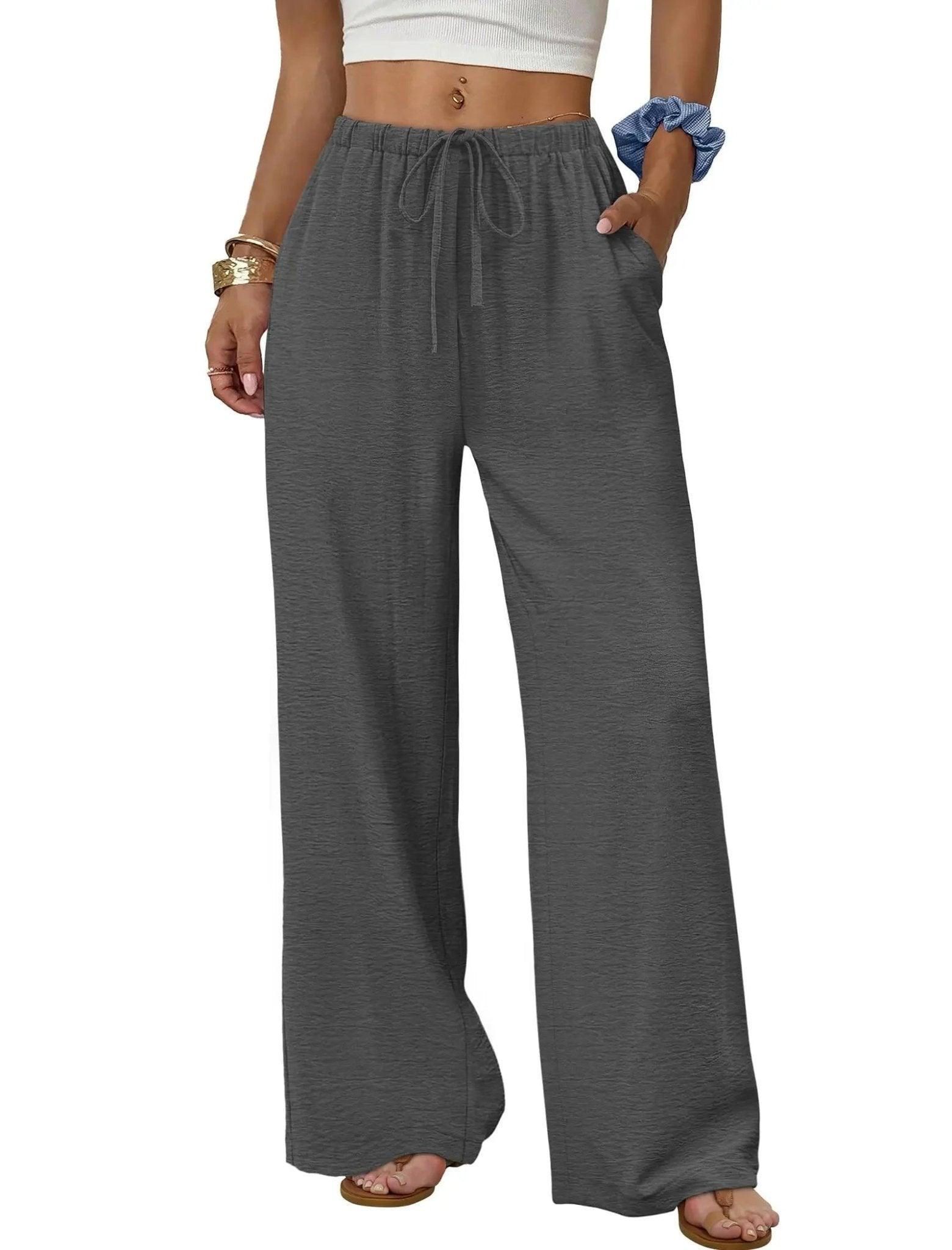 Grey wide-leg drawstring pants for women, casual fashion, comfortable fit with pockets