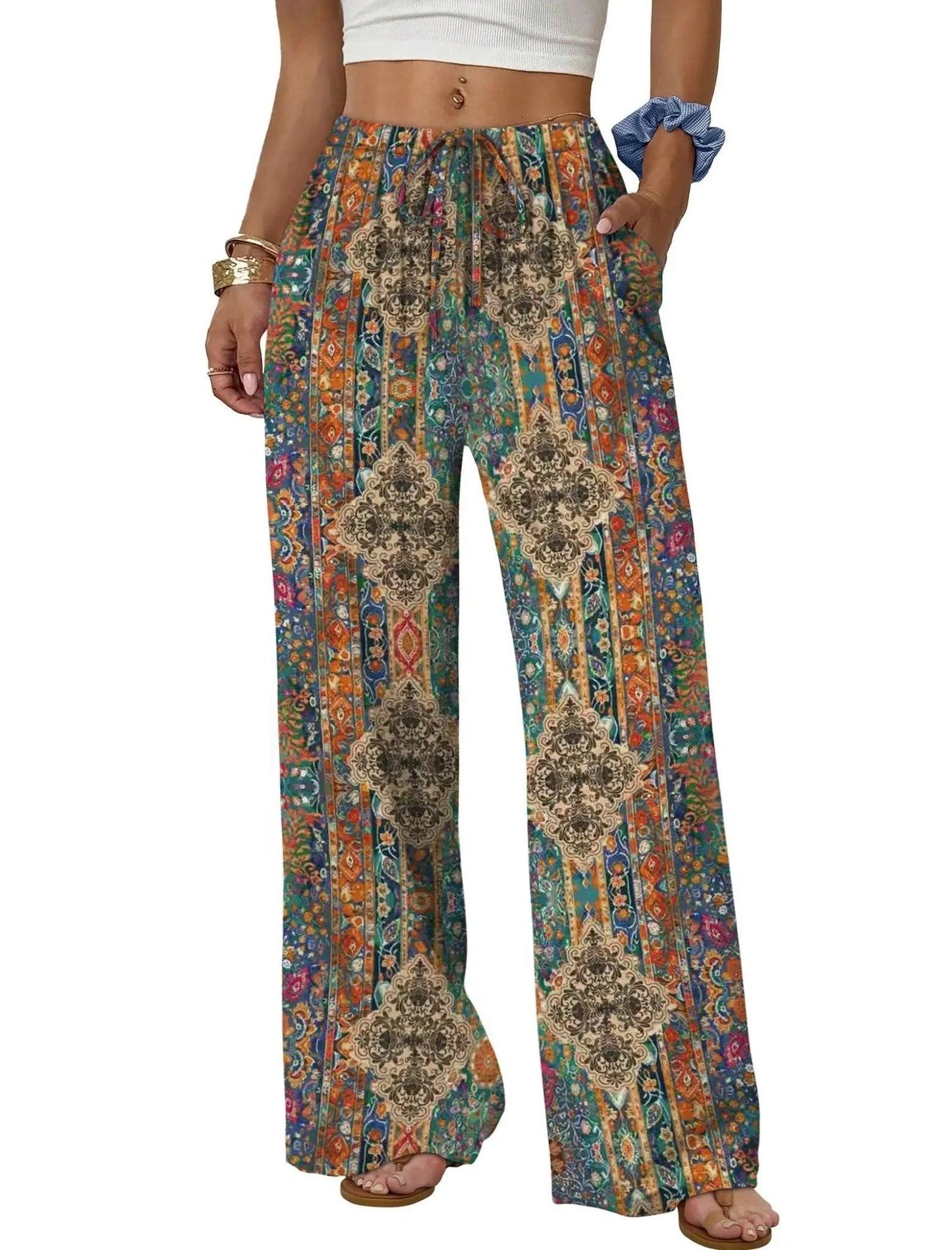 Boho print wide-leg women's pants with drawstring waist, perfect for casual fashion