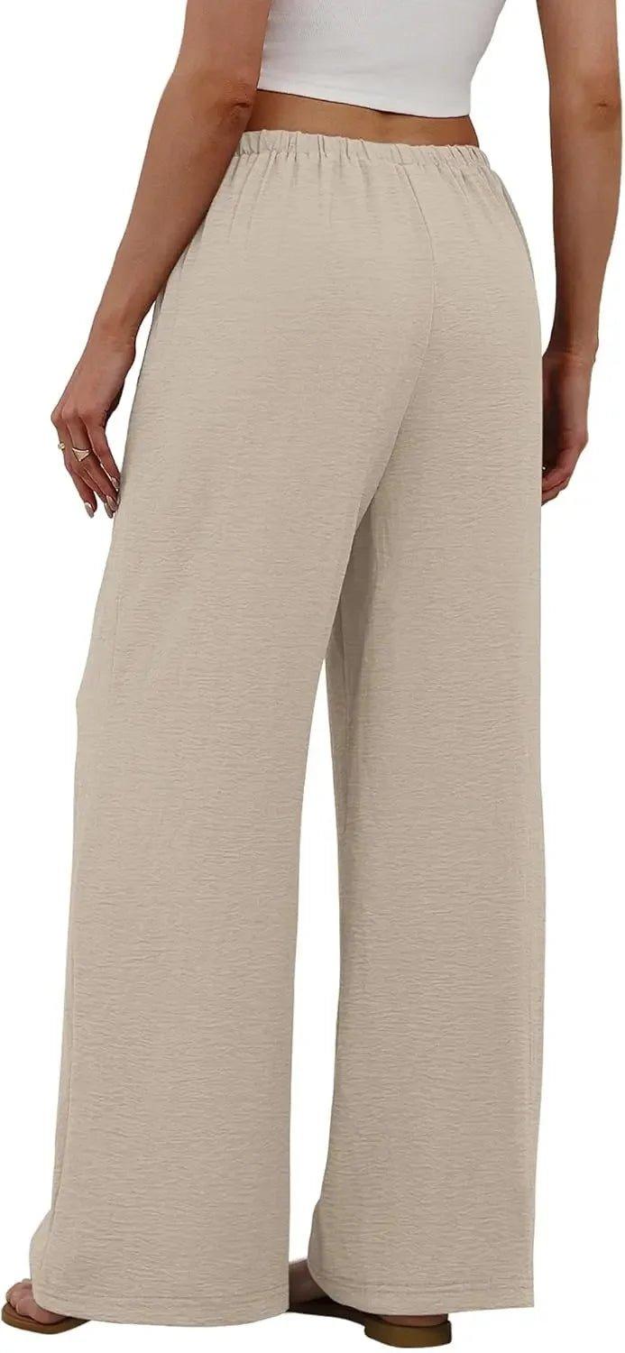 Beige wide-leg women's pants with elastic waist, casual fashion style