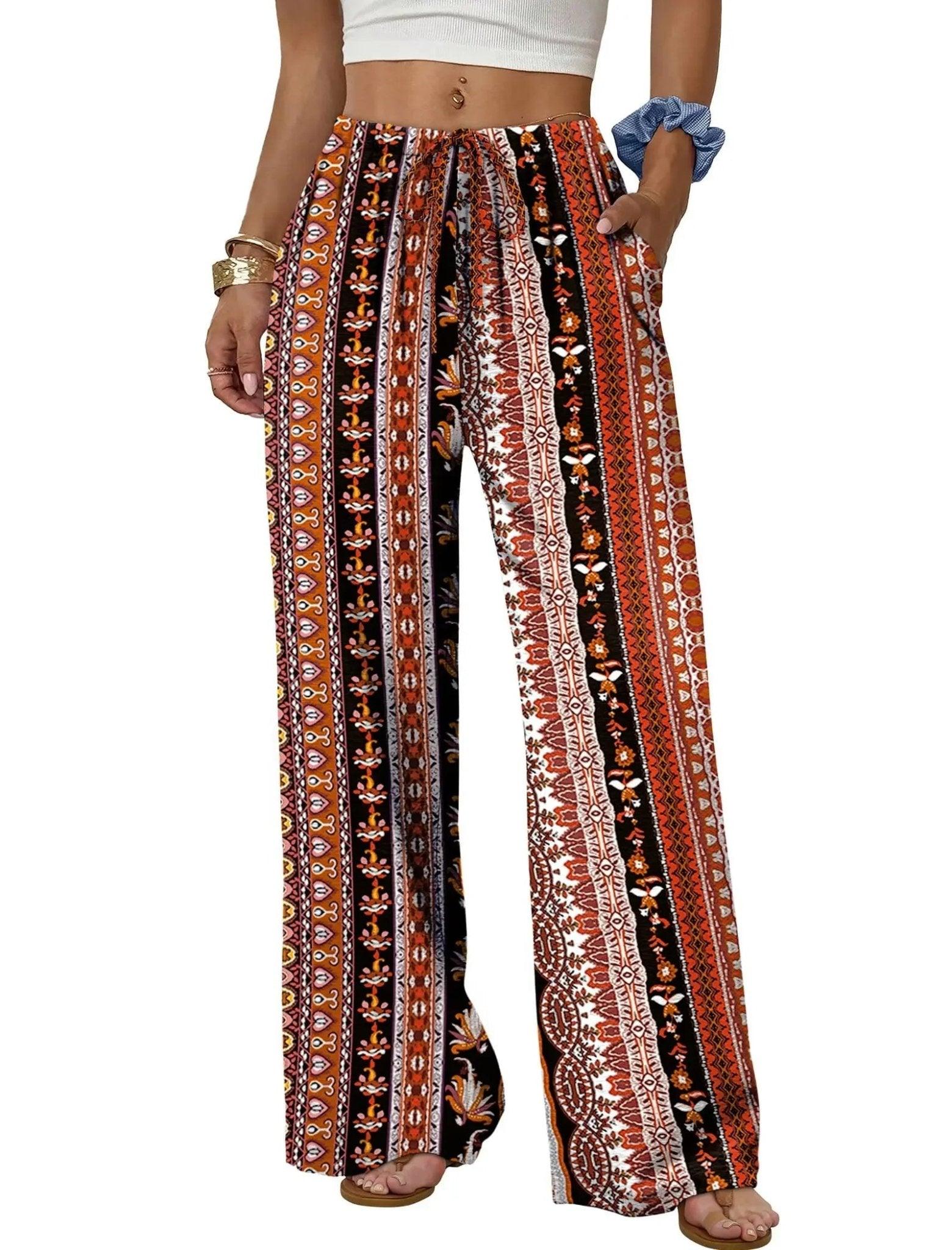 Boho wide-leg pants with ethnic print, perfect for women's fashion and casual summer wear