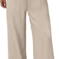 Beige wide-leg drawstring pants for women, casual comfort style with pockets and elastic waist