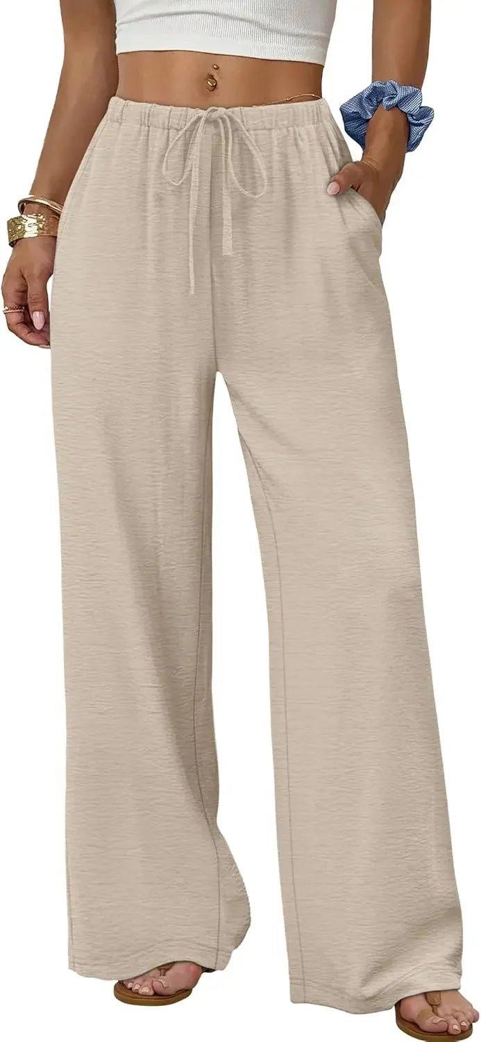 Beige wide-leg drawstring pants for women, casual comfort style with pockets and elastic waist