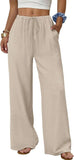 Beige wide-leg drawstring pants for women, casual comfort style with pockets and elastic waist
