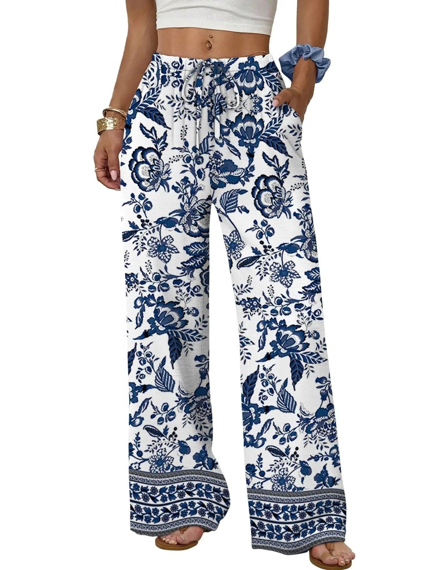 Blue floral print wide-leg women's pants with drawstring waist, boho fashion style