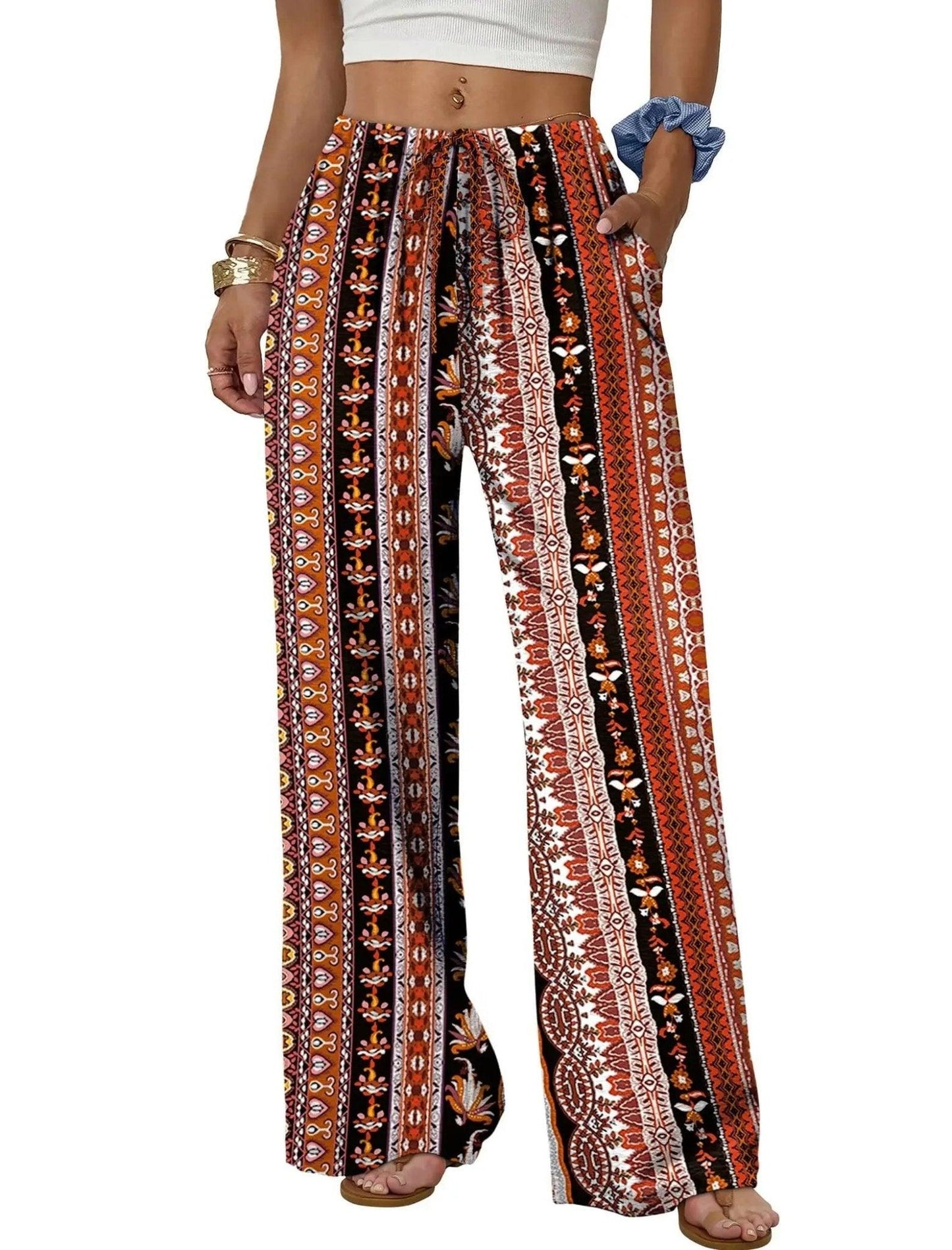 Boho wide-leg pants with ethnic print, perfect for women's fashion and casual wear