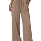 Beige wide-leg drawstring pants for women, casual fashion wear with pockets and elastic waist