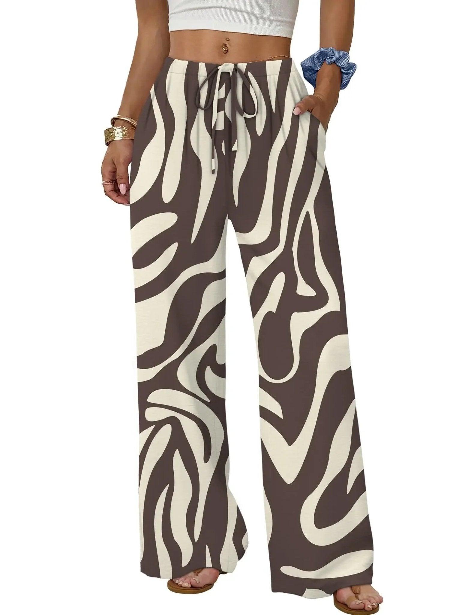 Women's zebra print wide-leg pants with drawstring waist, casual fashion bottoms
