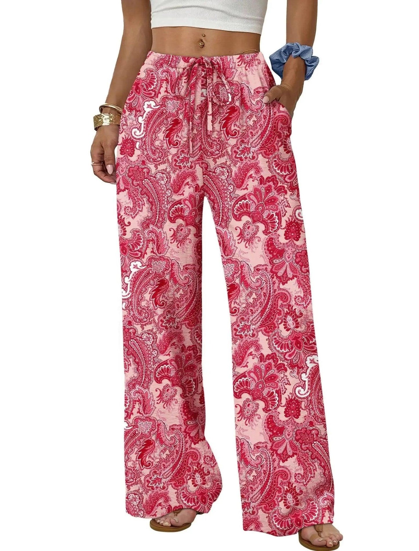 Pink paisley print wide-leg women's pants with drawstring waist, casual fashion style