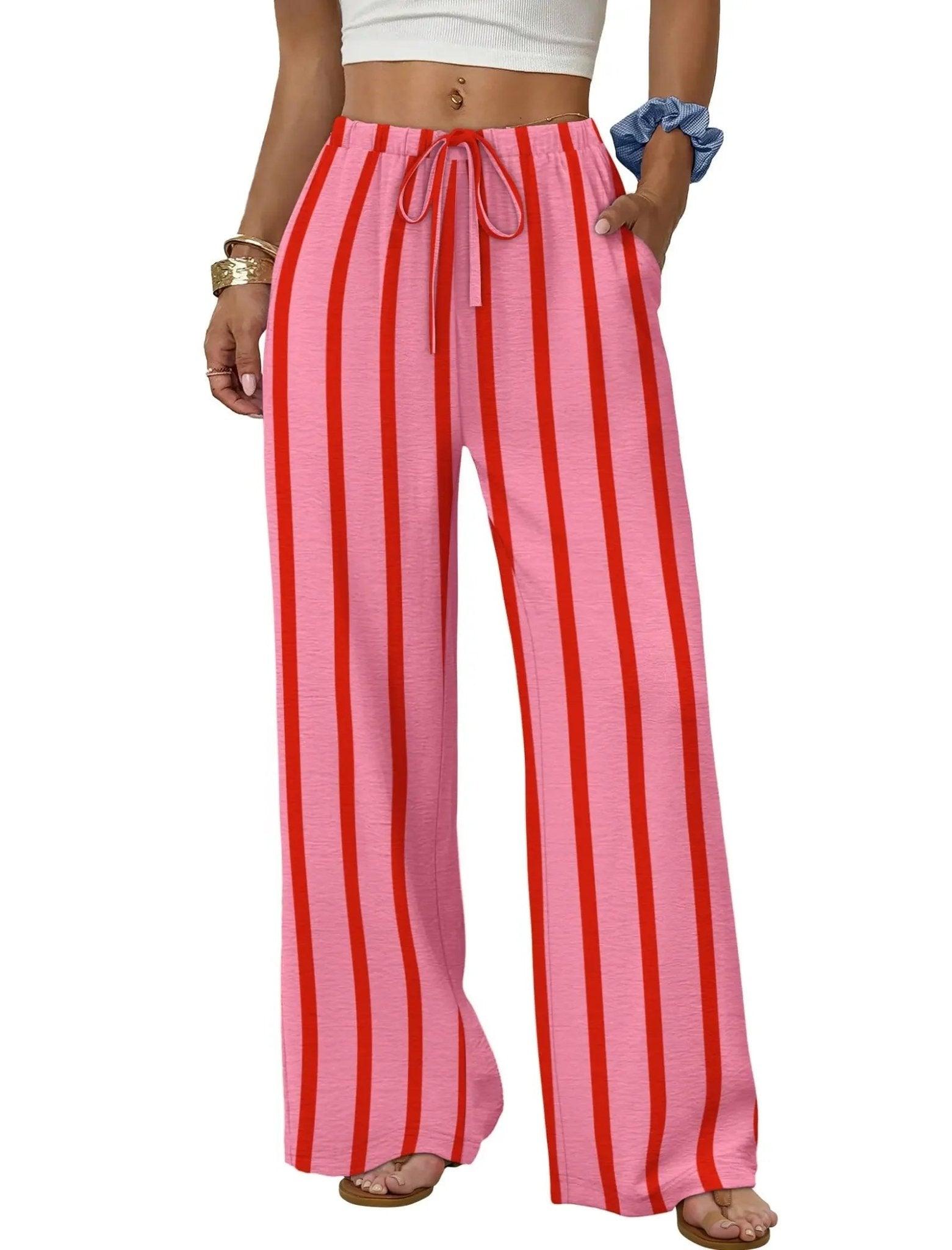 Pink and red striped wide-leg women's pants with drawstring waist, casual fashion style